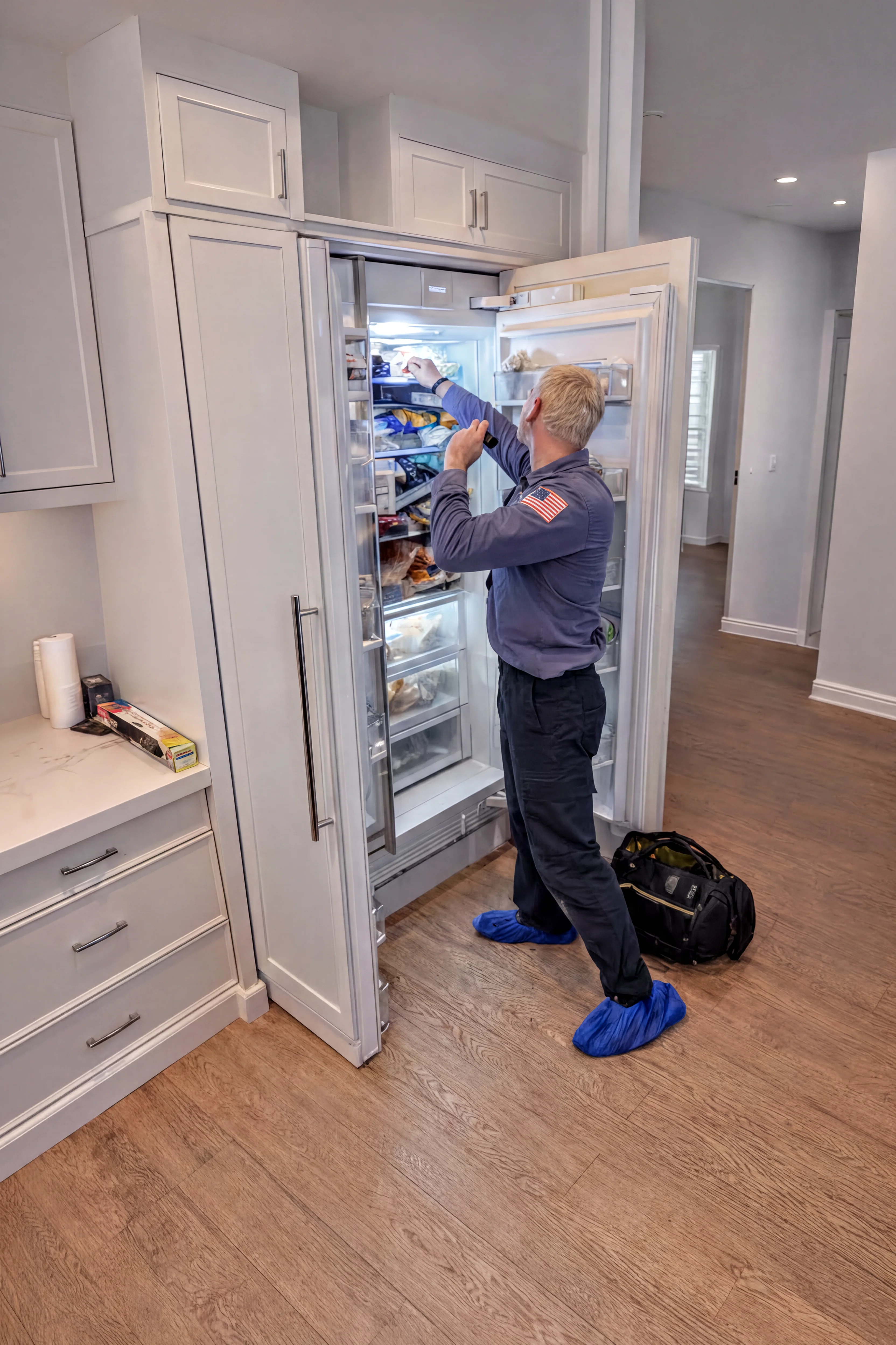 Dave repairing a built-in refrigerator